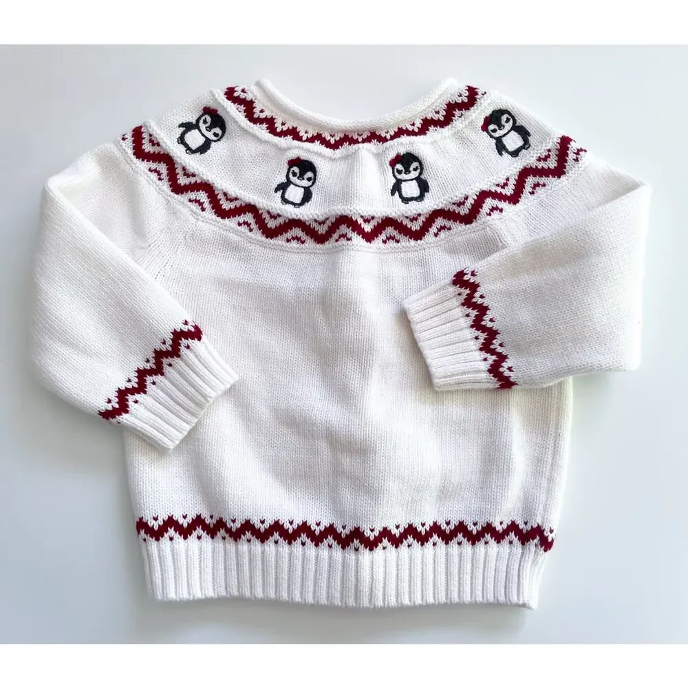 Gymboree Toddler Girl's White and Red Holiday Penguin Cardigan Size 12-18 Months